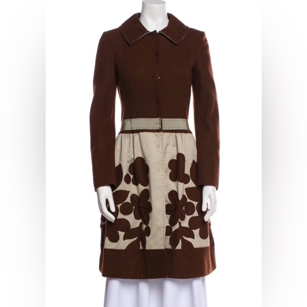 Philosophy di Alberta Ferretti Brown & Cream Floral Appliqué Wool Coat, Small - Picture 5 of 6